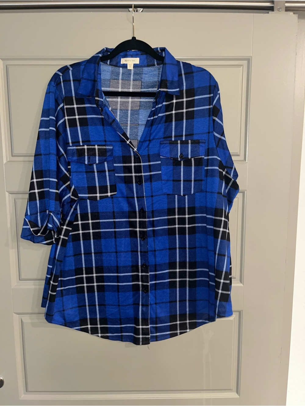 PAPER + TEE Royal Blue Black Plaid Button Up Shirt